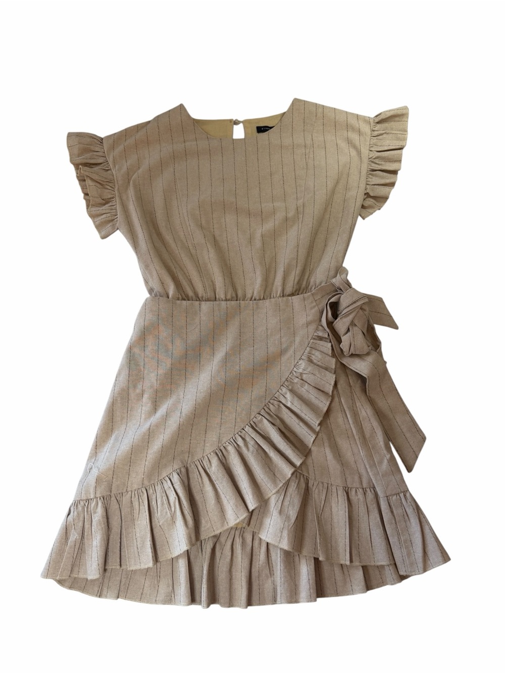 Ruffle Wrap-Accent Mini Dress in Beige